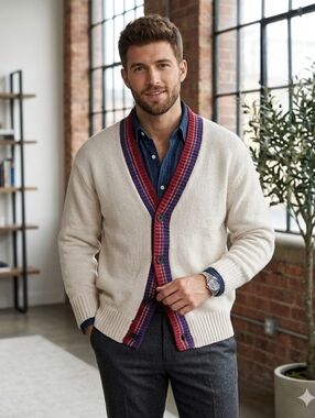 Zara Men’s Varsity Letterman Cardigan Sweater Cream Knit Size Large